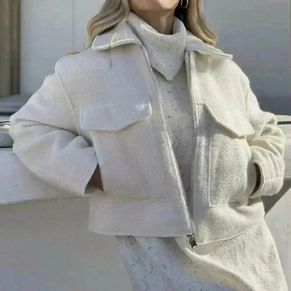 Beige Casual Women's Solid Color Woolen Jacket Top - Picture 4 of 8